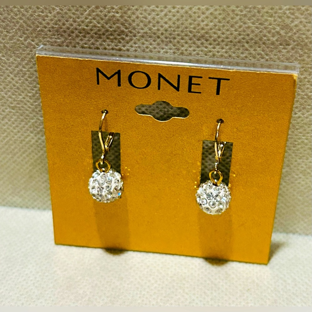 Costume jewelry Pair of Monet rhinestones ball shaped hanging earrings
